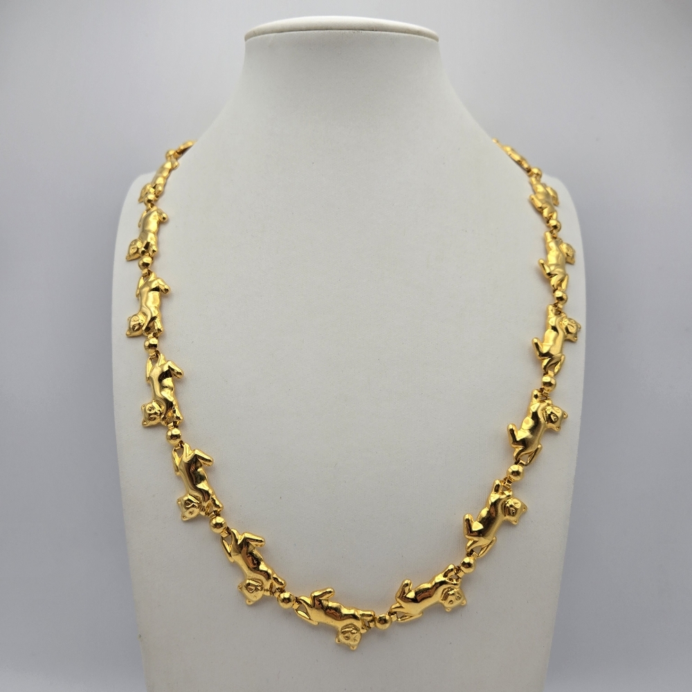 Goldtone Cat Necklace Linked Kitties Animal Lion Panther Vintage Lightweight